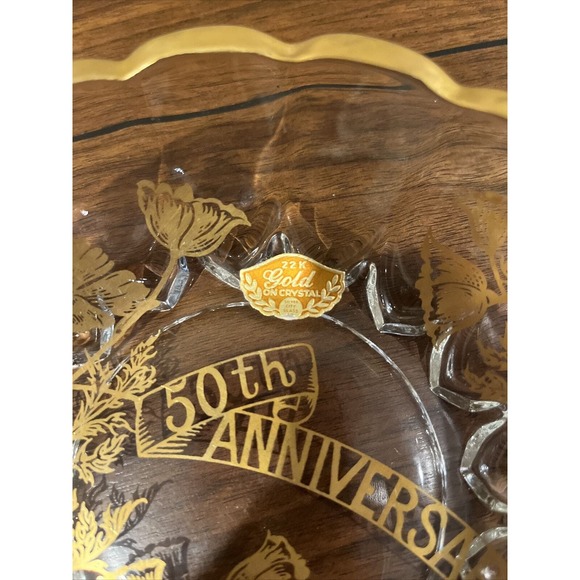 50th Anniversary Ashtray Dish 22k Gold Overlay Clear by Crystal Glass Vintage - Picture 3 of 5